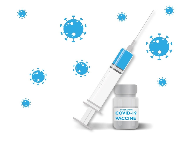 Art of a syringe with a bottle of vaccine labeled coronavirus covid-19 vaccine on a background of simplified coronavirus images.