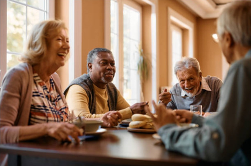 Image of multiple senior citizens eating a meal and having a conversation.