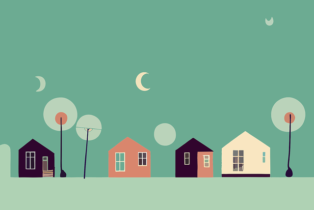 Illustration of several houses at night.