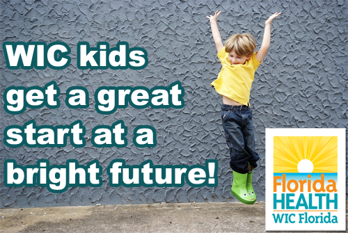 A Caucasian boy caught jumping in mid-air with green rain boots on. There is text that reads WIC kids get a great start on a bright future. The lower right corner features the Florida Health WIC Logo.